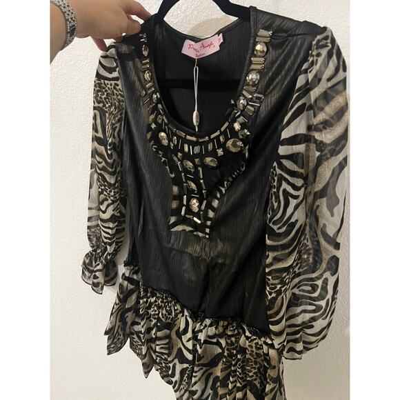 NWT Pretty Angel zebra & black top w sheer sleeves dressy beaded size Large - Picture 3 of 11